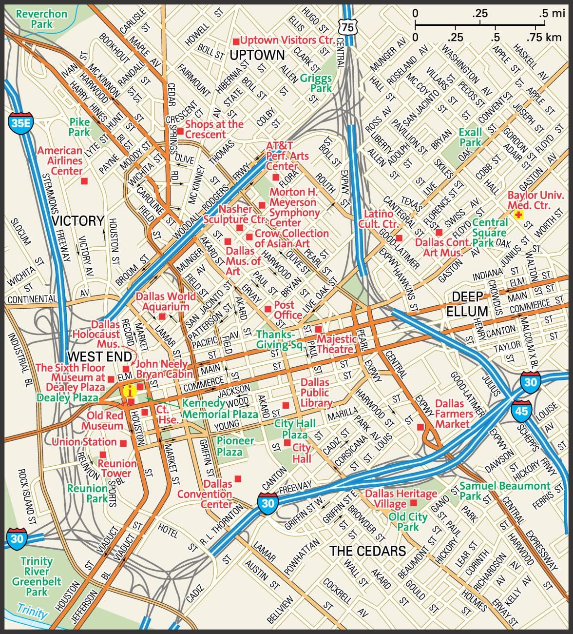 mappa del centro di Dallas, strade